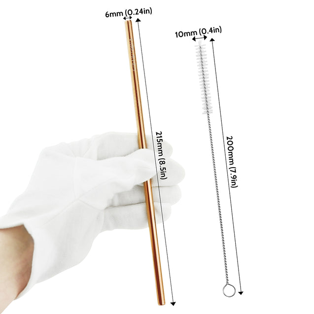 2 Straight (8.5 inches) Champagne Gold Reusable Metal Straws with Cleaning Brushes — STRAWTOPIA 