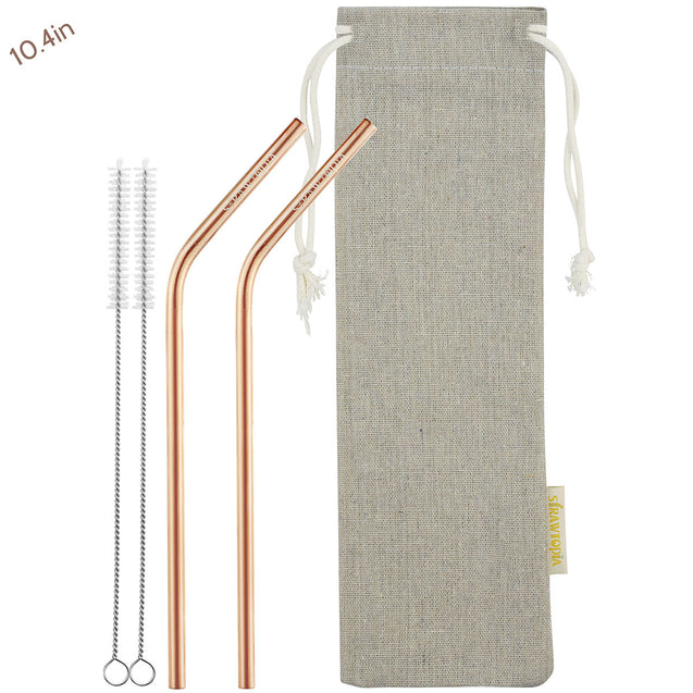 2 Bendy (10.4 inches) Champagne Gold Reusable Metal Straws with Cleaning Brushes — STRAWTOPIA 