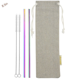 2 Straight (8.5 inches) Rainbow Reusable Metal Straws with Cleaning Brushes — STRAWTOPIA