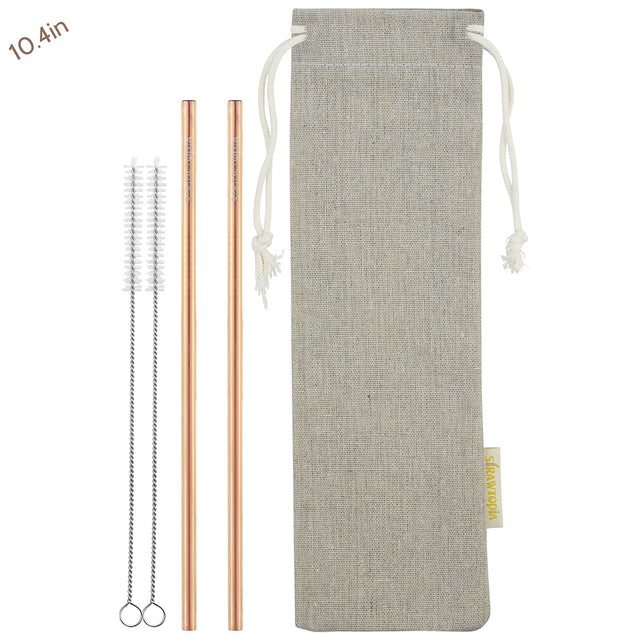 2 Straight (10.4 inches) Champagne Gold  Reusable Metal Straws with Cleaning Brushes — STRAWTOPIA 