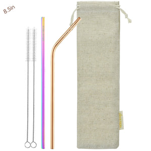 (8.5 inches)1 Bendy Champagne Gold 1 Straight Rainbow  Reusable Metal Straws with Cleaning Brushes — STRAWTOPIA 