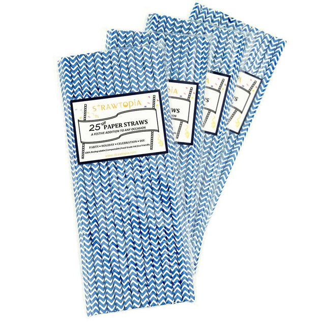 Midnight Blue Chevron Paper Straws — with STRAWTOPIA packaging
