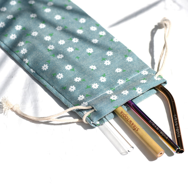 Handmade Drawstring Case Bag for Straws (Blue Flowers) — STRAWTOPIA