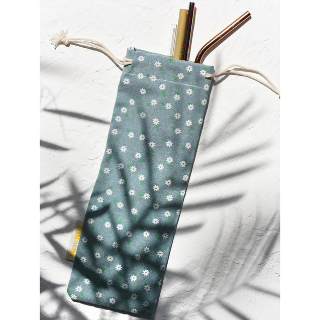 Handmade Drawstring Case Bag for Straws (Blue Flowers) — STRAWTOPIA