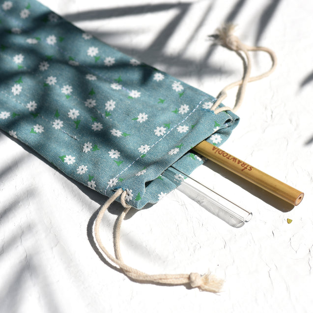 Handmade Drawstring Case Bag for Straws (Blue Flowers) — STRAWTOPIA