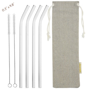 main photo showing 4 bendy glass straws 2 cleaning brushes and jute drawstring bag 8mm wide 25cm long straws