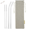 main photo showing 2 bendy glass straws 2 cleaning brushes and jute drawstring bag 8mm 25cm wide straws