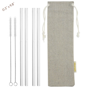 main photo showing 4 straight glass straws 2 cleaning brushes and jute drawstring bag 8mm wide straws