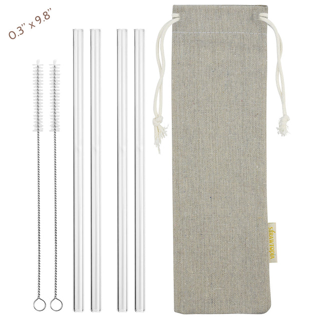 main photo showing 4 straight glass straws 2 cleaning brushes and jute drawstring bag 8mm wide straws