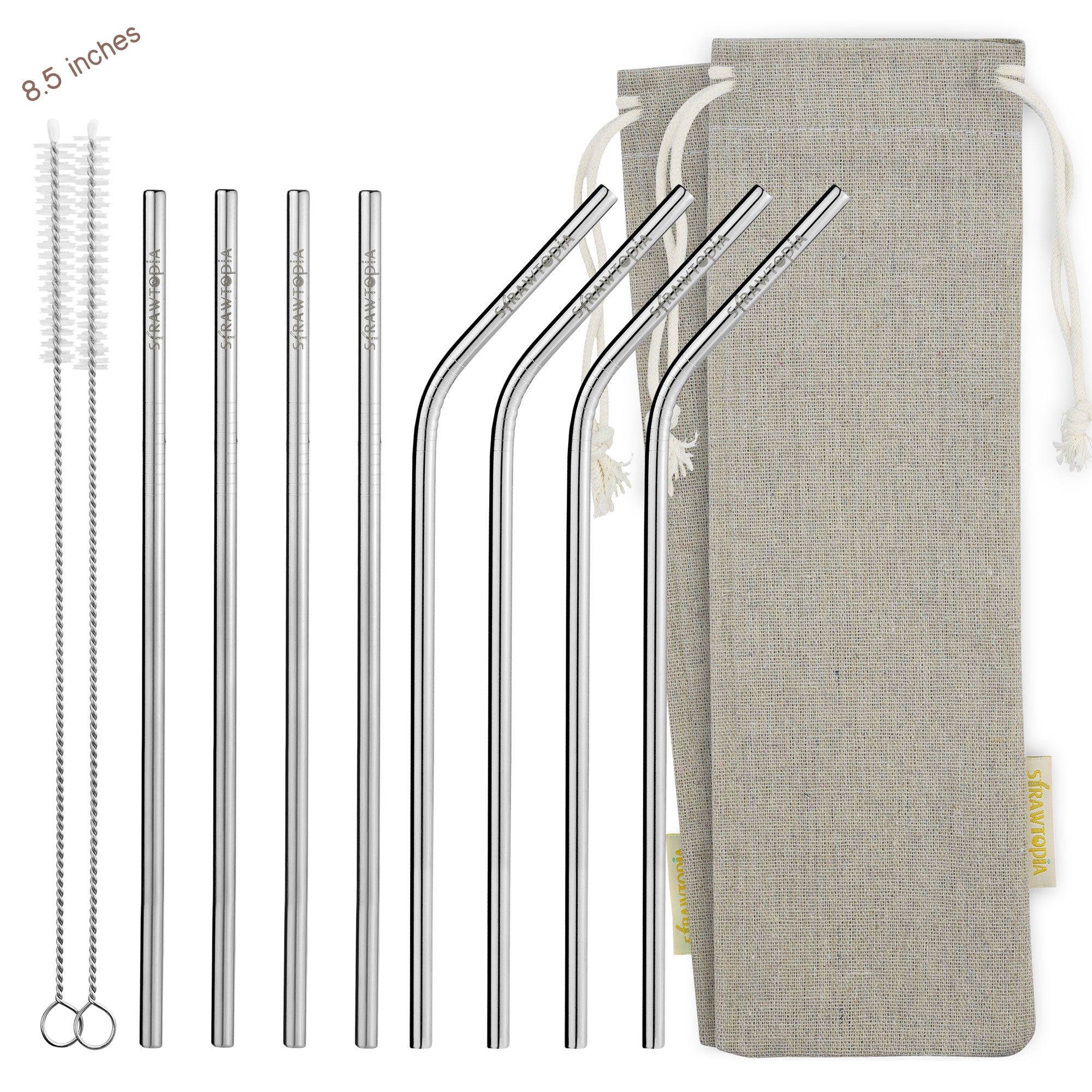 Reusable Straws,Set of 8 Long 8.5 Inch Stainless Steel Metal Straws, 4  Silicone Straws, Includes 2 Cleaning Brushes, Compatible With  Tumblers,YETI