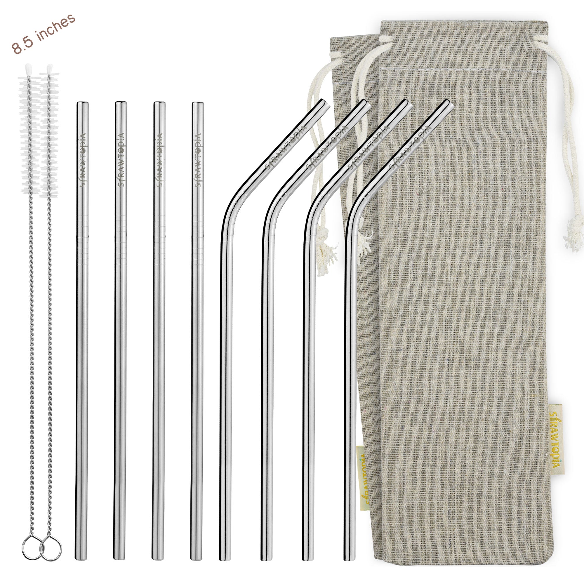 BambooMN Reusable Stainless Steel Metal Drinking Straws - 8.5 Thick  Straight Straws w/ 6x Cleaning Brushes - 36 Pack 