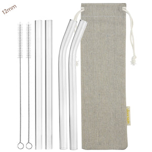 12mm (Transparent) 2 Bendy 2 Straight Reusable Glass Straws with Cleaning Brushes — STRAWTOPIA 
