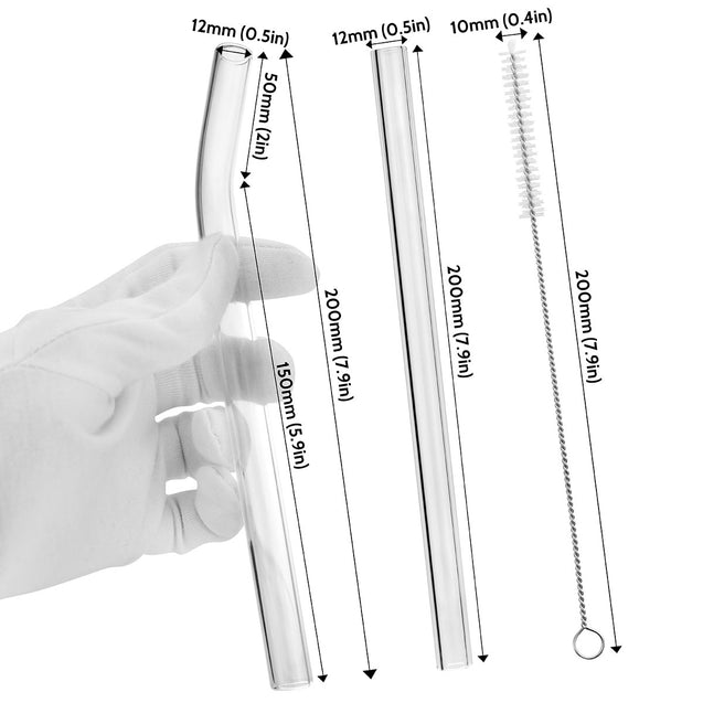 12mm (Transparent) 2 Bendy 2 Straight Reusable Glass Straws with Cleaning Brushes — STRAWTOPIA 