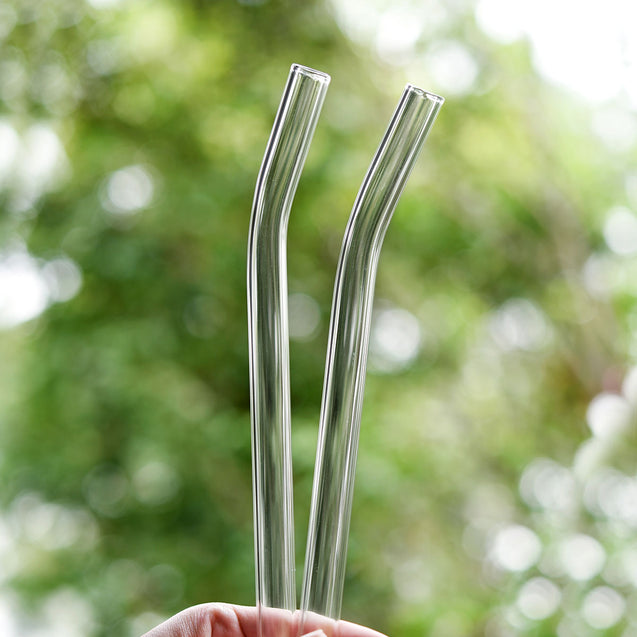 12mm (Transparent) 2 Bendy Reusable Glass Straws with Cleaning Brushes — STRAWTOPIA 