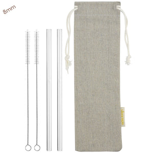 main photo showing 4 straight glass straws 2 cleaning brushes and jute drawstring bag 8mm wide straws