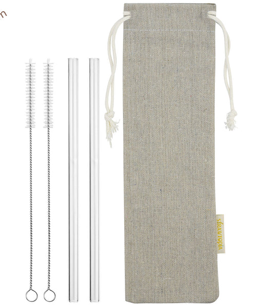 main photo showing 4 straight glass straws 2 cleaning brushes and jute drawstring bag 8mm wide straws