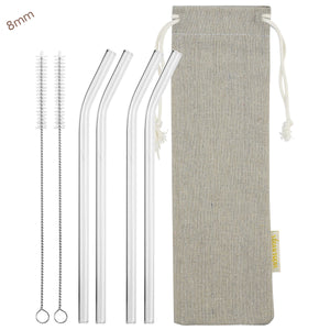 main photo showing 4 bendy glass straws 2 cleaning brushes and jute drawstring bag 8mm wide straws