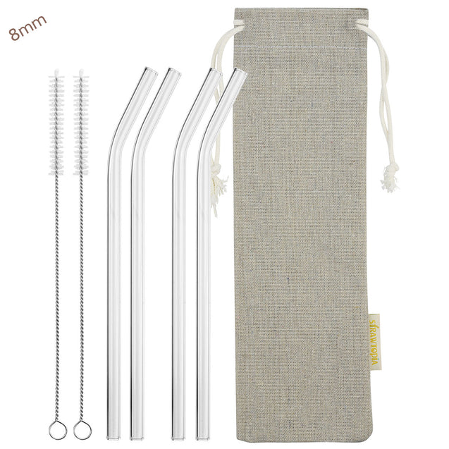 main photo showing 4 bendy glass straws 2 cleaning brushes and jute drawstring bag 8mm wide straws
