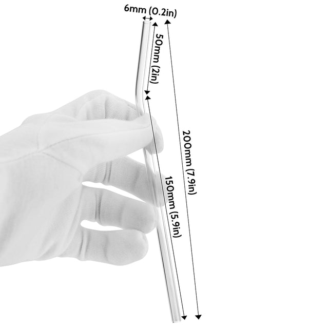 holding bendy glass straw with displayed dimensions 7.9 inches x 0.2 inches (20cm x 6mm)