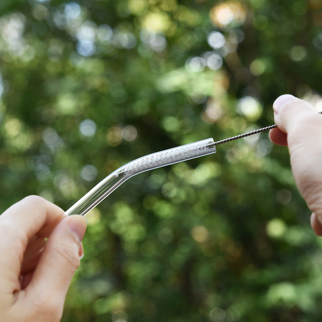 showing how to clean 8mm wide bendy glass straw with included brush by strawtopia