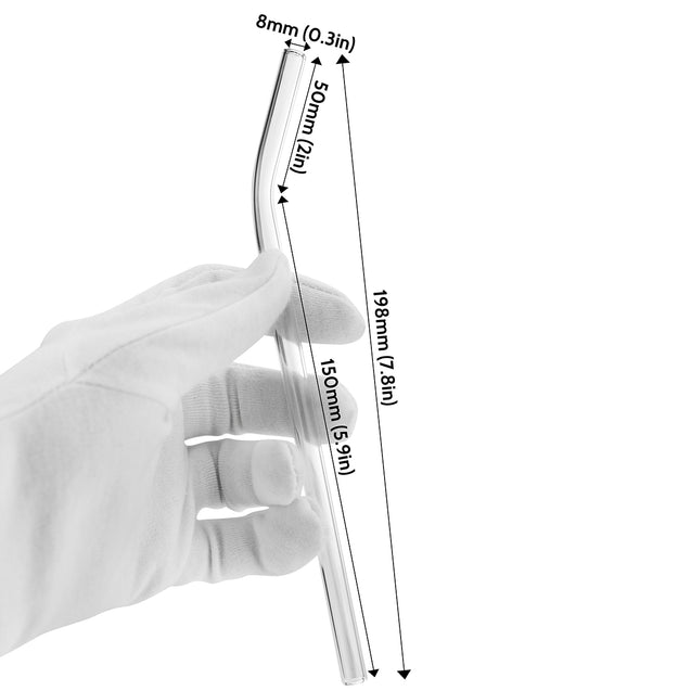 bendy glass straw with displayed dimensions 7.9 inches x 0.31 inches (20cm x 8mm)