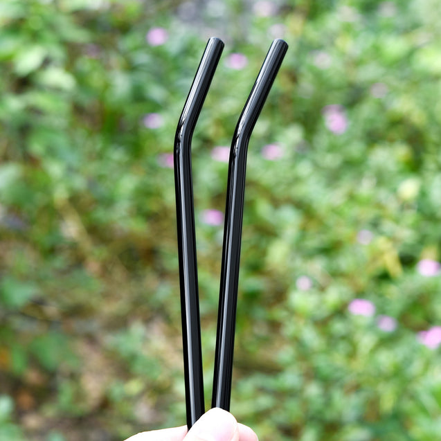 8mm (Black) 2 Bendy Reusable Glass Straws with Cleaning Brushes — STRAWTOPIA