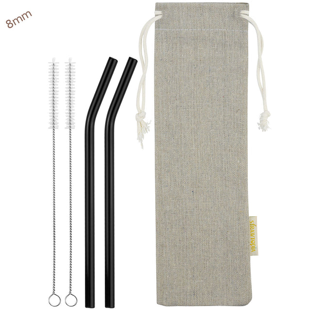 8mm (Black) 2 Bendy Reusable Glass Straws with Cleaning Brushes — STRAWTOPIA