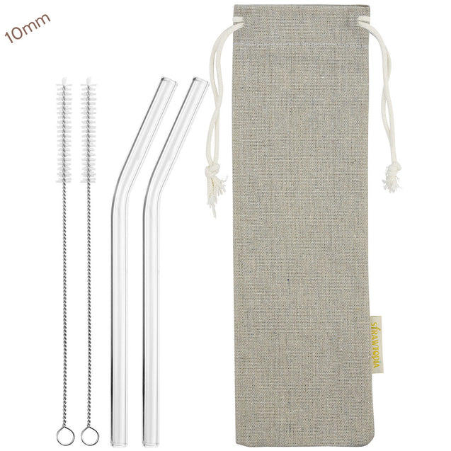 10mm (Transparent) 2 Bendy Reusable Glass Straws with Cleaning Brushes — STRAWTOPIA 