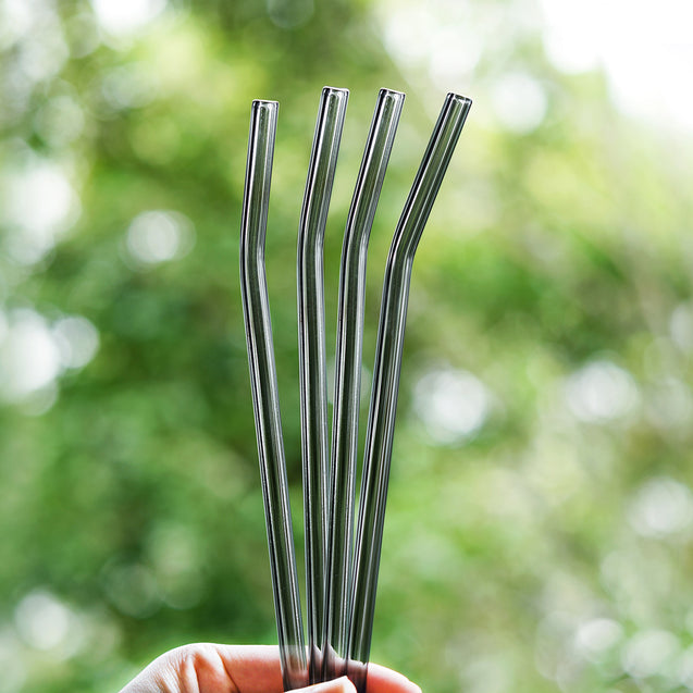 8mm (Grey) 4 Bendy Reusable Glass Straws with Cleaning Brushes — STRAWTOPIA