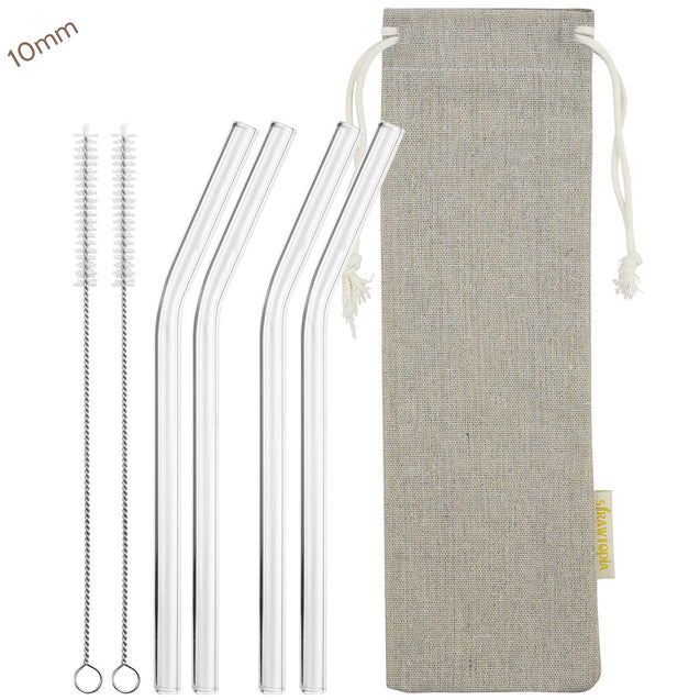 10mm (Transparent) 4 Bendy Reusable Glass Straws with Cleaning Brushes — STRAWTOPIA 