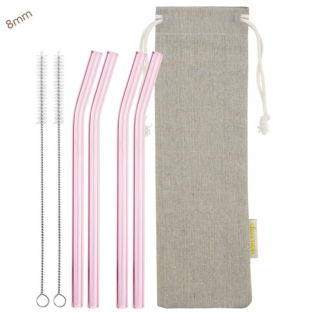 8mm (Pink) 4 Bendy Reusable Glass Straws with Cleaning Brushes — STRAWTOPIA