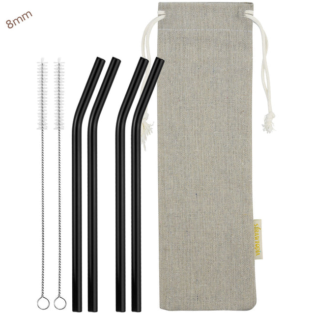 8mm (Black) 4 Bendy Reusable Glass Straws with Cleaning Brushes — STRAWTOPIA