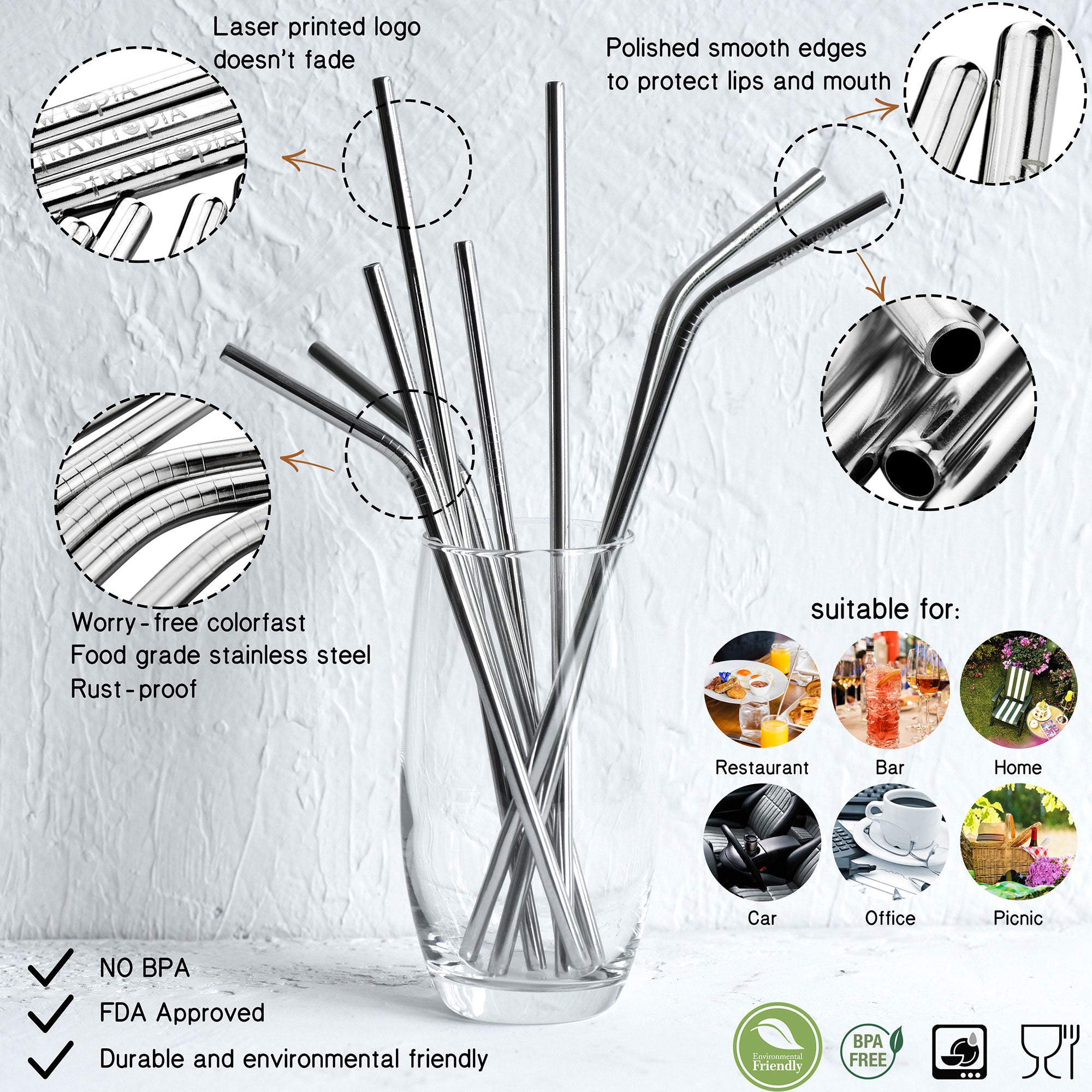 Stainless Steel Set of 4 Reusable Metal Straws w/ Silicone Tips