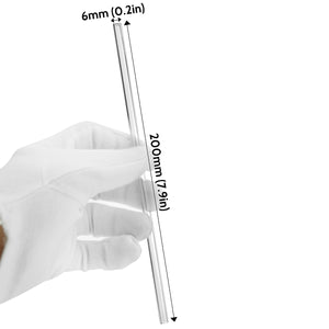 holding straight glass straw with displayed dimensions 7.9 inches x 0.2 inches (20cm x 6mm)