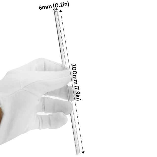 holding straight glass straw with displayed dimensions 7.9 inches x 0.2 inches (20cm x 6mm)