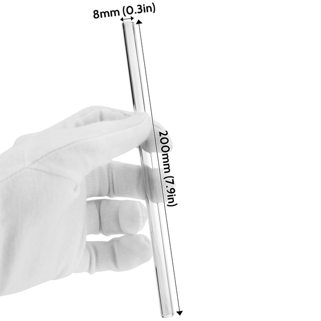 straight glass straw with displayed dimensions 7.9 inches x 0.31 inches (20cm x 8mm)